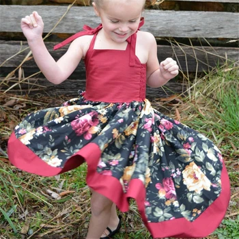 

New Fashion Baby Girl Dress Floral Print Dress Vintage Dress Lace Up Sling Dress Swing Dress Casual Dress