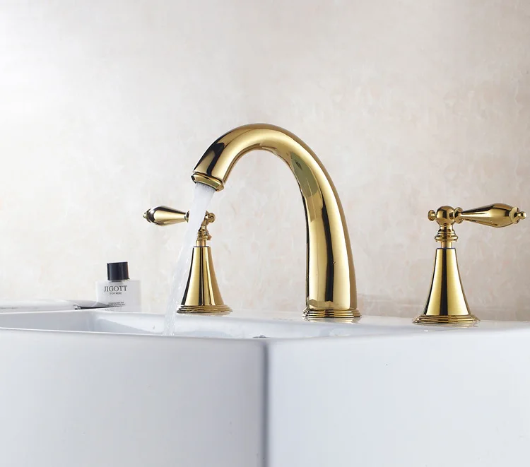 

European Three Hole 8 Inch Basin Water Tap Full Copper Shower Room Cabinet Fission Faucet Three-piece Titanium Jinshui Faucet