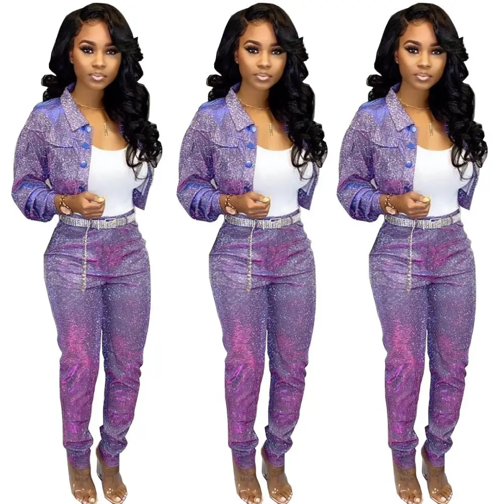 purple 2 piece set Adogirl Блестящий Матовый Модный комплект из двух предметов, короткая куртка с отложным воротником и длинными рукавами узкие брюки повседневные Костюмы - Цвет: purple 2 piece set