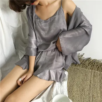 

3pc Pijama Women Pajamas Sets Sexy Lace Bralette Shorts Bathrobe Nightwear Sleepwear Suits Satin Pajamas For Women Pijama Mujer
