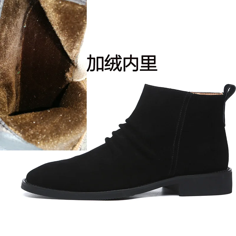 Men's pointy scalp boots zipper retro British trend men's boots high top casual leather shoes Chelsea real leather boots - Цвет: black fluff