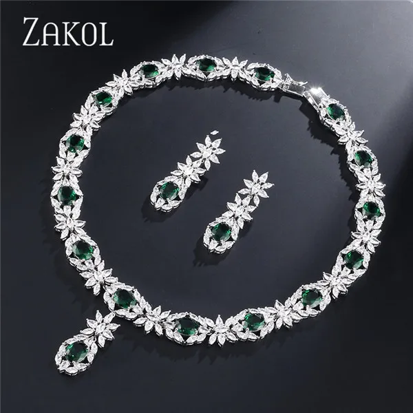 Green ZAKOL модный стиль белый цвет зеленый Цирконий Свадебный комплект ювелирных изделий для невесты цветок серьги ожерелье набор для Европы женщин FSSP2007 - Окраска металла: Green