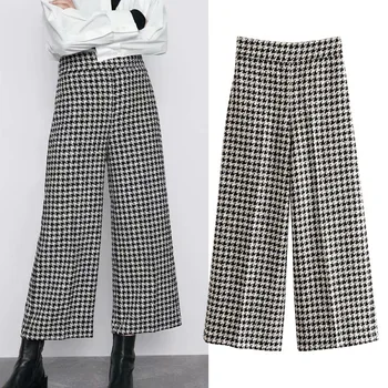 

Brand New Spring High Street Women Pants Loose Houndstooth High Waist Wide Leg Pants Female Straight Casual Pants White Trousers