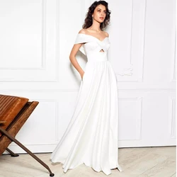 Off-The-Shoulder Gorgeous Wedding Dresses Sleeveless with Pocket Satin Dress Floor-Length Zipper Back Bridal Gowns Vestidos