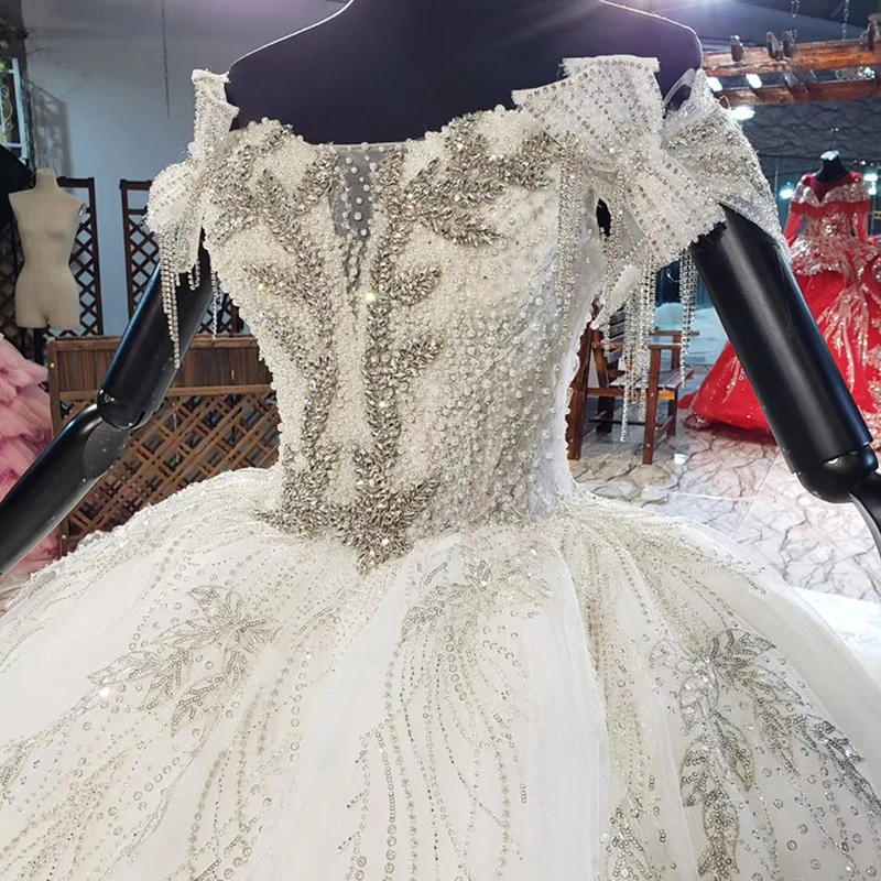 HTL1918 Elegant Extravagant Sequin Crystal Wedding Dress 2020 Deep V-Neck Short Sleeve Lace Up Back Off The Shoulder 6