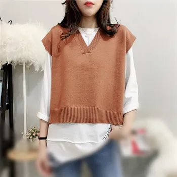 

Fall Winter Women V Neck Casual Pullover Sweaters Knitted Sleeveless Short Vest