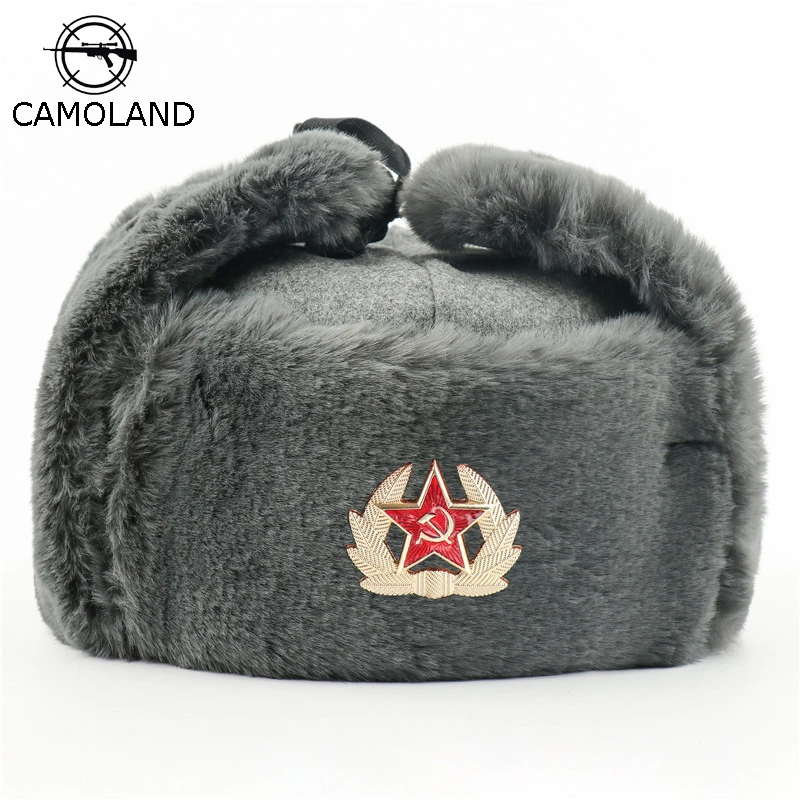 CAMOLAND Winter Men PU Leather Bomber Hats Thicker Faux Fur Russia Hat Warm Baseball Cap With Ear Protection Classic Dad Hats leather bomber cap