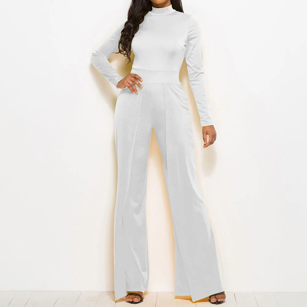 

Women Black Jumpsuit Office Overalls Elegant Solid White Simple Design Wide Legs Fashion Vintage Long Jumpsuits 2020 Spring