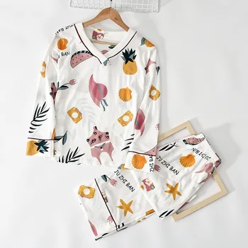 

Woman Pajama Sets 2 Piece Sets Spring Summer Sleepwear Printing Korean Cloth Home Wear Sleepwear