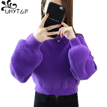 

UHYTGF Women long sleeve sweaters Knit pullover turtleneck mink cashmere Winter sweater female High waist casual short tops 952