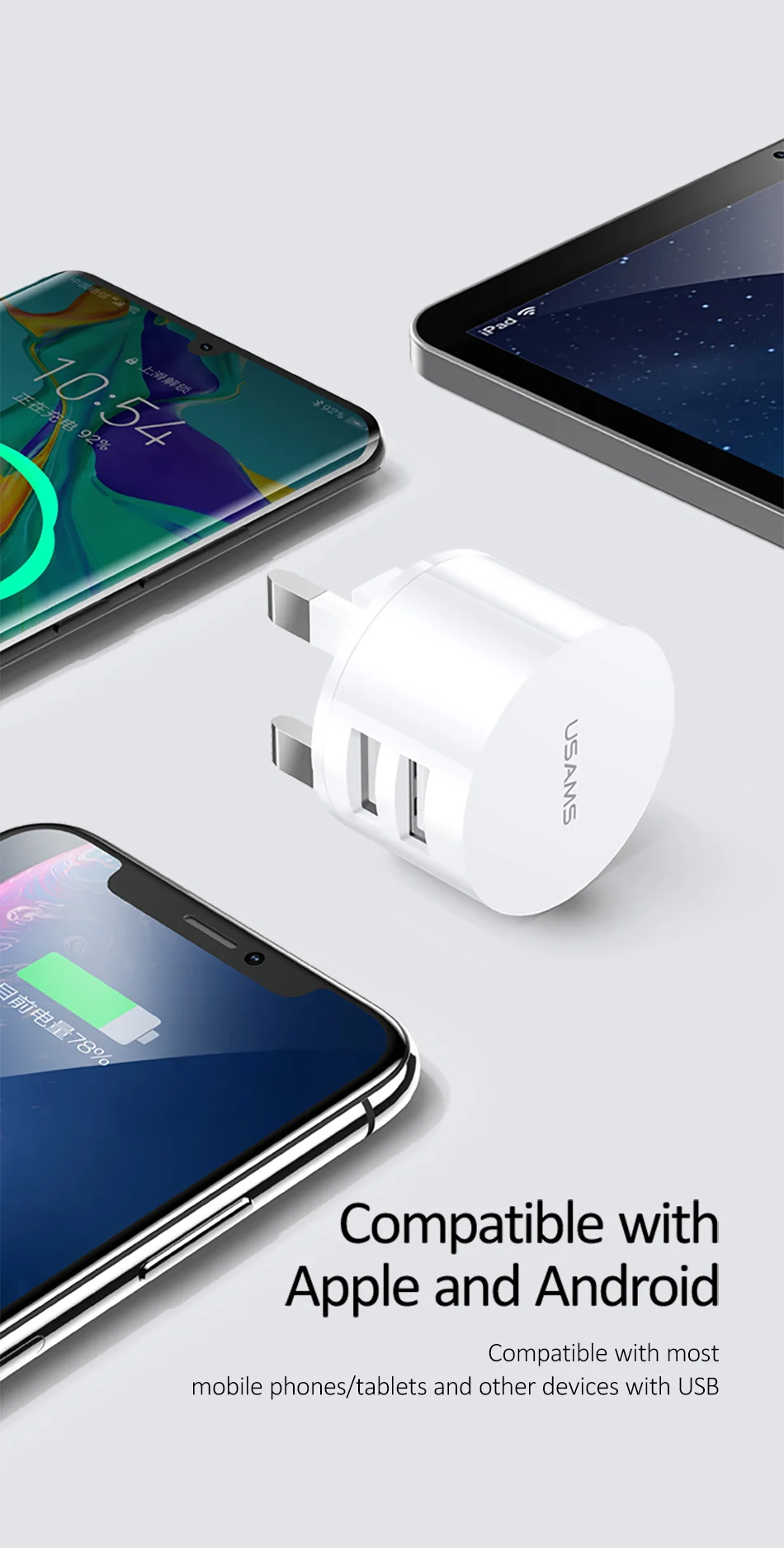 USAMS 5V 2.1A Min EU UK US Plug Mobile Phone Charger for iPhone Samsung Huawei iOS Android 2 Ports White Travel Wall Charger usb c 20w