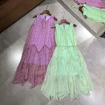 

2020 Summer Women Floral Print Sleeveless Belt Long Dress High Quality Light Green / Light Purple Loose Silk Hot Sale Dresses