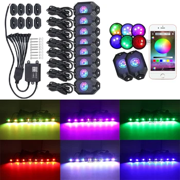 

8 Pods RGB LED Rock Lights with Bluetooth Controller Remote Multicolor Neon LED Fog Light Kit for Timing Music Mode Flashing
