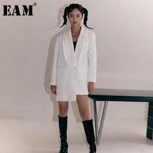 [EAM] Свободная белая Асимметричная куртка большого размера, Новое Женское пальто с отворотом и длинным рукавом, модное осенне-зимнее пальто 1B926