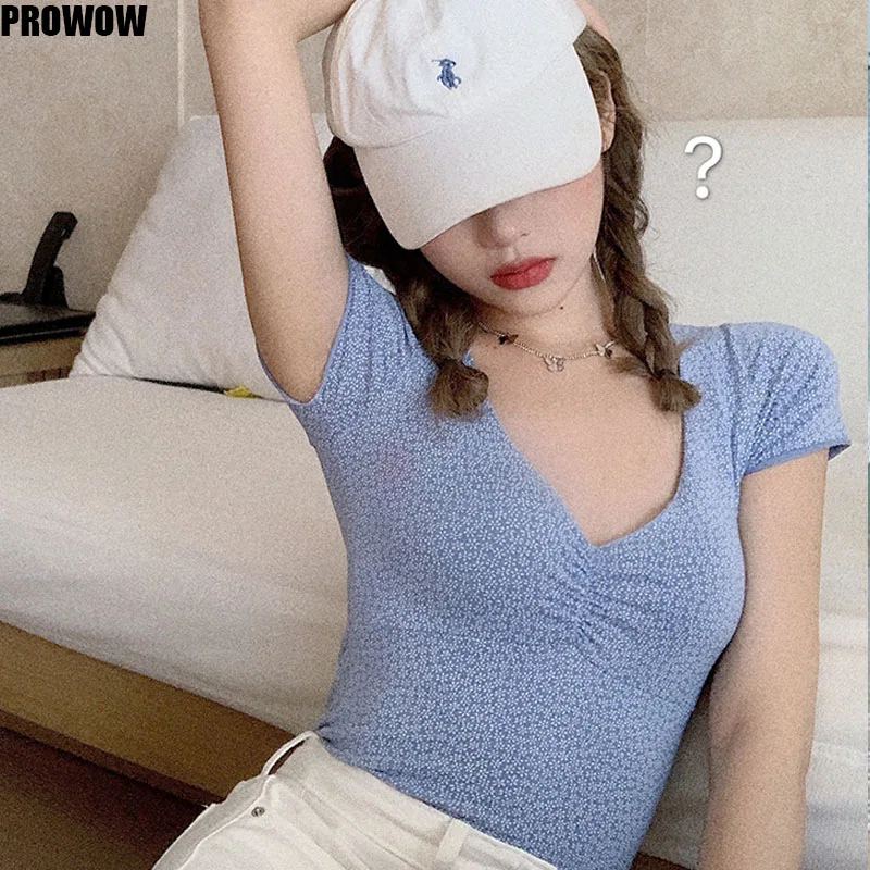 Korean Sexy Cotton Slim Ladies Tops Shirts 2020 Summer Casual V Neck Short Sleeve Tees Femme Knitted Floral Print T Shirts Women