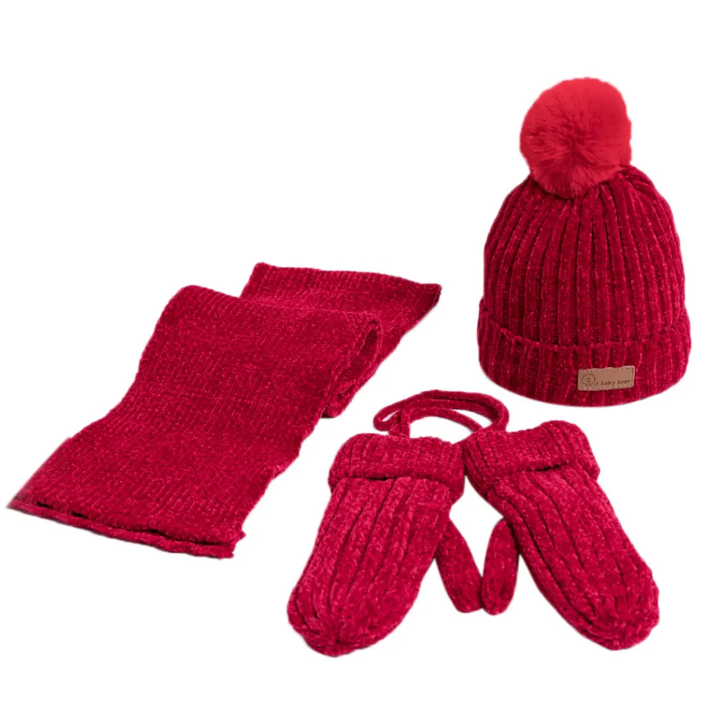 3 предмета, детская шапка для младенцев, зимняя теплая вязаная шапка для маленьких девочек и мальчиков+ шарф+ перчатки, теплый комплект, детские шапки, шапка для новорожденных, новинка