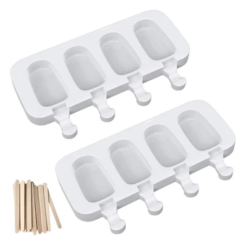 

sicle Molds Set of 2, Silicone Ice Cream Maker for Kids4 Cavities Homemade Ice Cream Mold with 100 Wooden Sticks