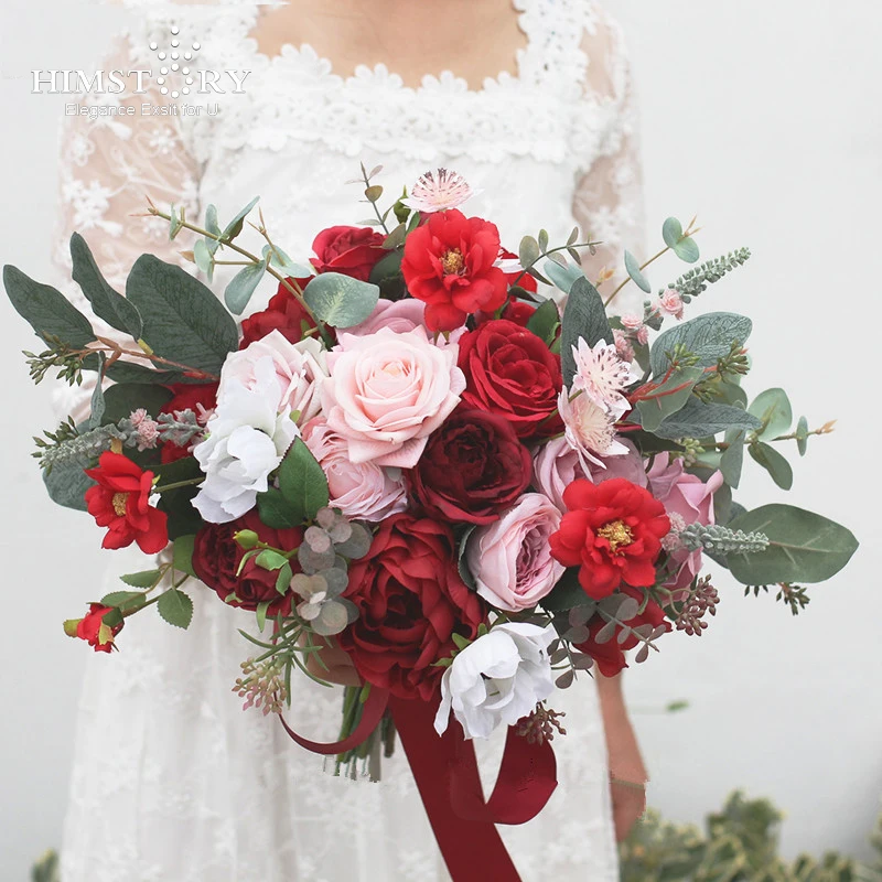 

HIMSTORY Retro Pink&Red Flower Bouquet Artificial Romantic Silk Roses Bridal Bridesmaid Bouquet Holder Wedding Accessories