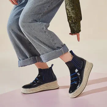 

Elastic Platform Ankle Boots Straw Braid Flat High Heel Wedge Boots Winter Leather Shoes Women