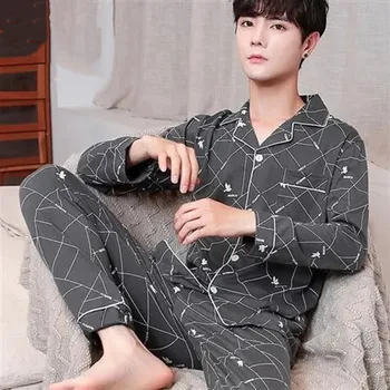 

100% cotton Men's Pajamas set Autumn Pyjama Plus Size M-3XL Sleepwear Turn-down Collar Homewear Full-sleeve youth man pajamas