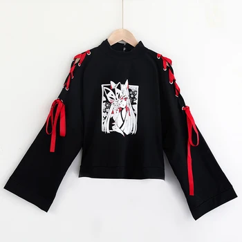 

Lychee Girls Streetwear Mask Fox Demon Devil Print Women Sweatshirt Autumn Lace Up Lady Tracksuit Black Loose Women Pullovers