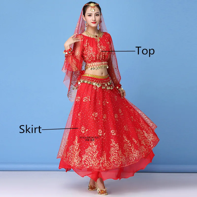 Red 2pcs Одежда для танцев Для Женщин Производительность индийский сари наряд танец живота Болливуд костюмы 2/3/5/8 шт. в комплекте - Цвет: Red 2pcs