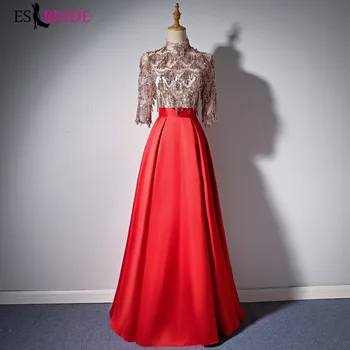 

Tassel Sequin Prom Dresses ES3194 A-Line High-Neck Half Sleeves Satin Elegant Evening Party Gowns Gala Jurken 2020
