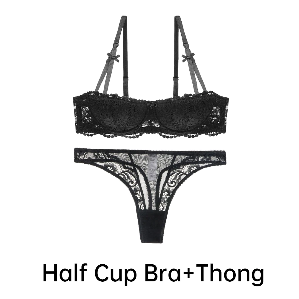 Sexy lingerie shell half cup underwire bra ladies embroidered lace underwear bra + thong panties 2 piece set ladies underwear sets Bra & Brief Sets