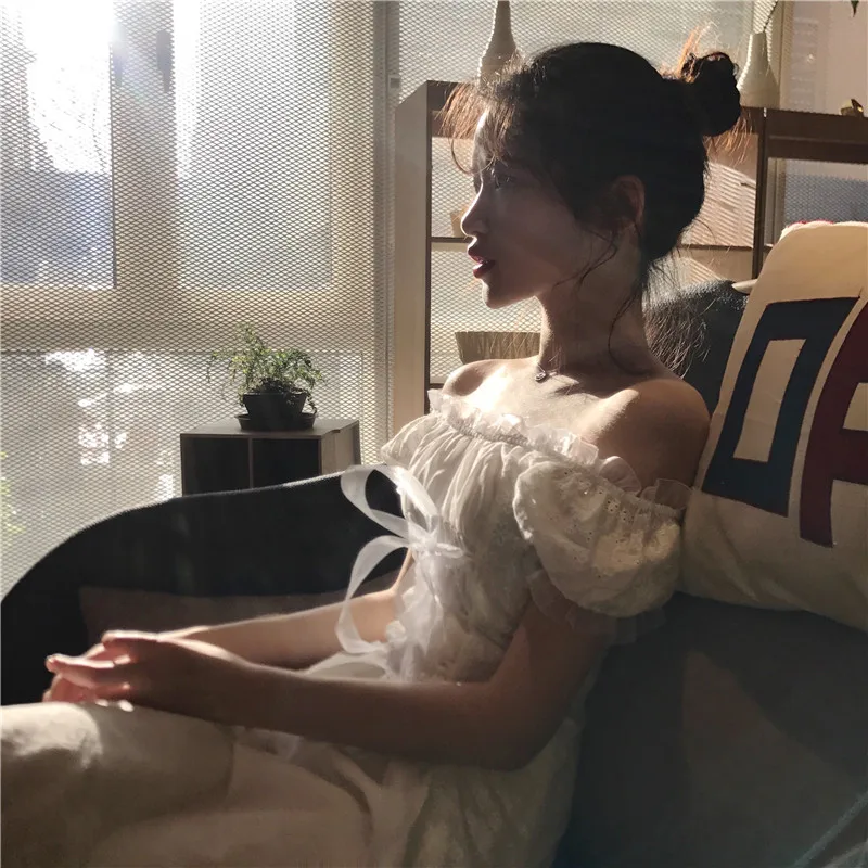 Новое Женское винтажное кружевное платье лолиты с оборками, на шнуровке, с вышивкой, с пышными рукавами, с открытыми плечами, белое платье, милое тонкое платье