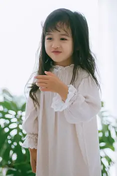 

Girls pajamas dress long sleeve white pink dot pattern lace sleeve sweet toddler kids girls dresses