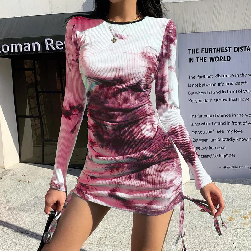 Tie Dye Print Dresses for Women Fashion Autumn Long Sleeve Round Neck Female Mini Dress Drawstring Casual Plus Size Dress 2020