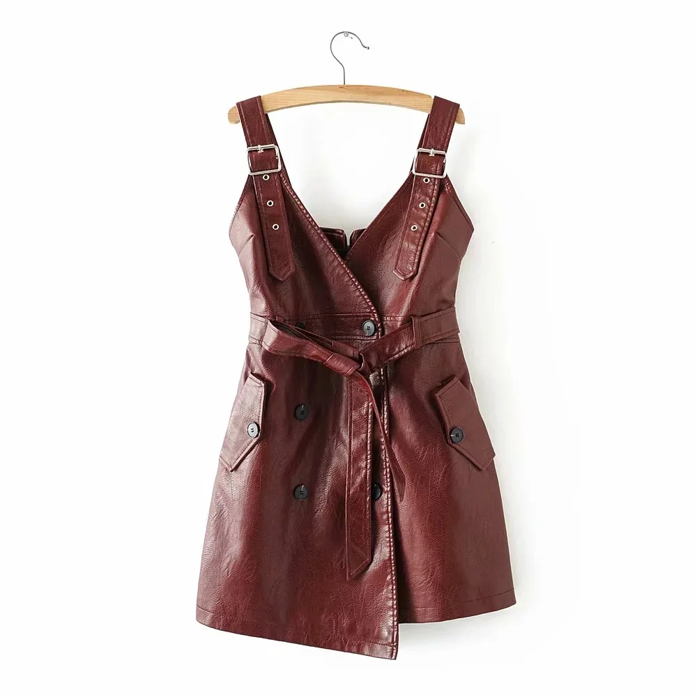 Autumn Winter Women PU Faux Leather Dress with belt V Neck Sexy Slim Retro Black Mini Dress vestido de festa-85
