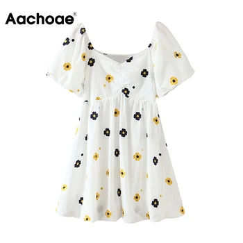 

Aachoae 2020 Summer Floral Print Sweet Cotton Mini Dress Women Short Sleeve Elegant Dresses Casual A Line Pleated Dress Vestidos