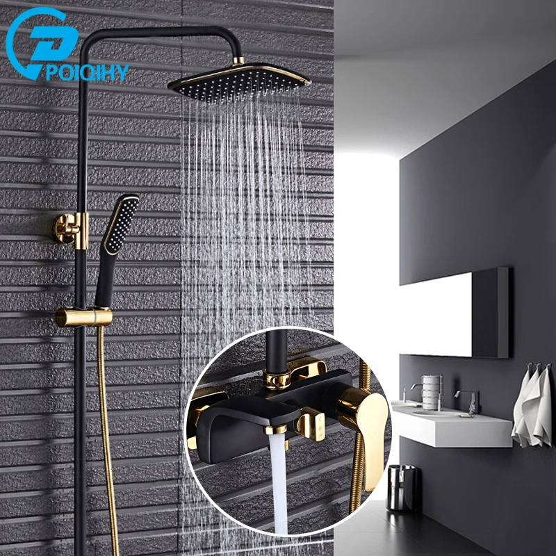 

POIQIHY Black Bathroom Shower Faucet Set ABS Rainfall Shower Head Hand Shower New Style Brass Bathtub Spout 3-ways Mixer Tap