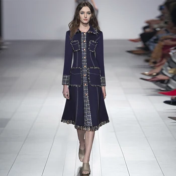 

Runway Designer Long Dress High Quality New Womens Fashion Work Party Sexy Vintage Elegant Chic Tassel Tweed Long Sleeve Dresses