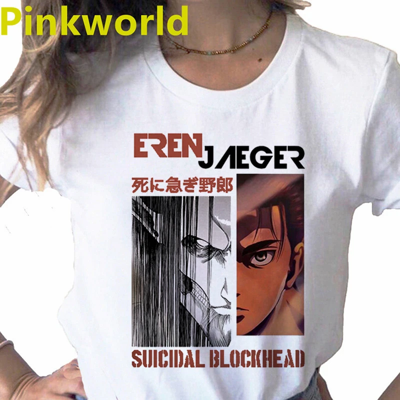 Camiseta estampado de Anime de Attack On Titan Eren Jaeger para mujer, informal con cuello redondo, camisa blanca de manga corta para mujer| Camisetas| - AliExpress