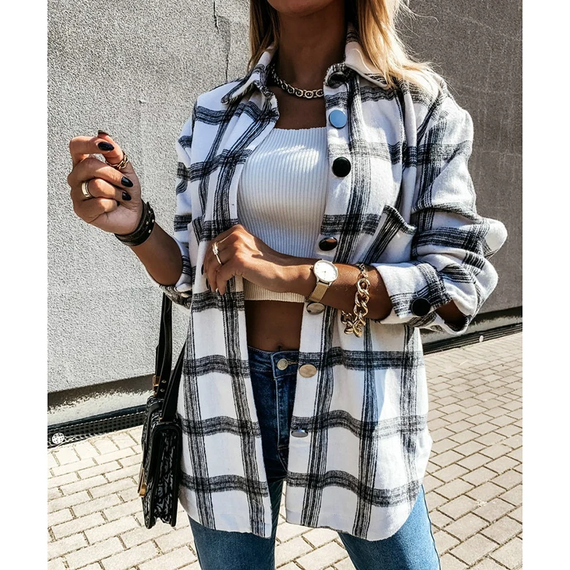

tweed women vintage oversize plaid long shirts 2020 autumn chic ladies streetwear loose shirt elegant female outfits girls