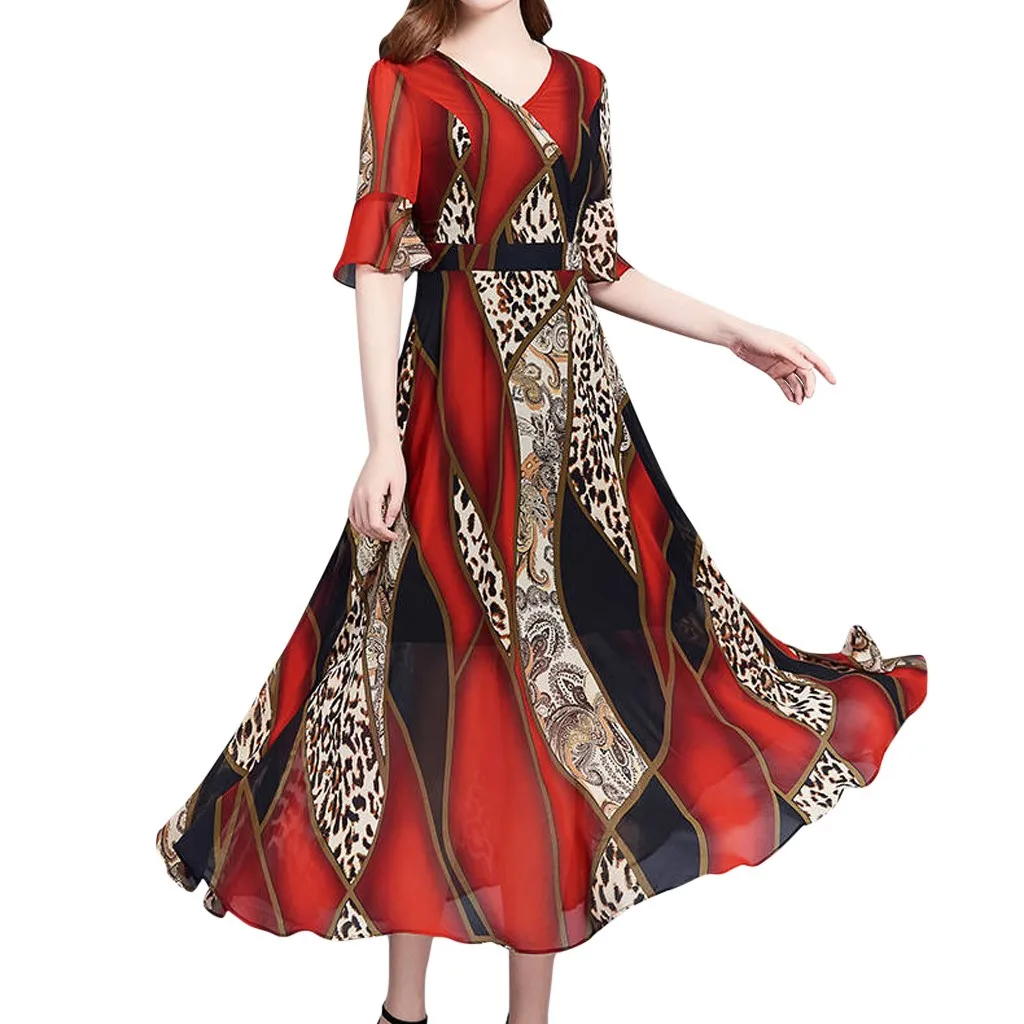 MUQGEW, повседневное женское платье, лето, Осень, модное, v-образный вырез, длина до колена, макси платье, короткий рукав, Леопардовый принт, миди платье, Vestidos - Цвет: Red