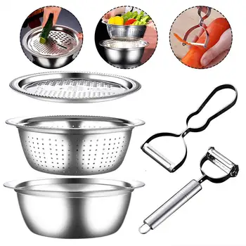 

5pc Stainless Steel Pot Vegetable Fruit Cutter Slicer Drain Basket Sieve Kitchen Tool Grater Strainer Rice Washing Filter Peeler