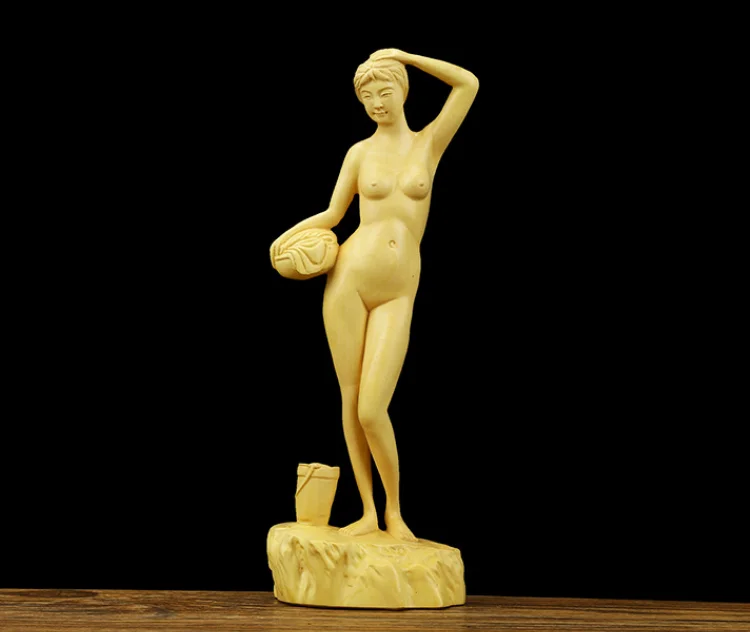 

7.9" Chinese Box-wood HandCarved Naked Beautiful Woman Pretty Goddess Statue