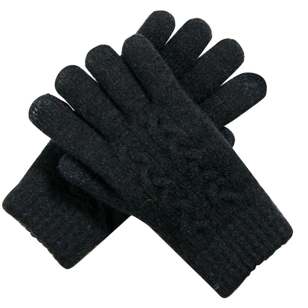 Черный Осень-зима, искусственная шерсть, для улицы, вязанные, мягкие, одноцветные, с сенсорным экраном, теплое моющееся, на каждый день, женские перчатки, Двойная толщина, для взрослых - Цвет: Черный