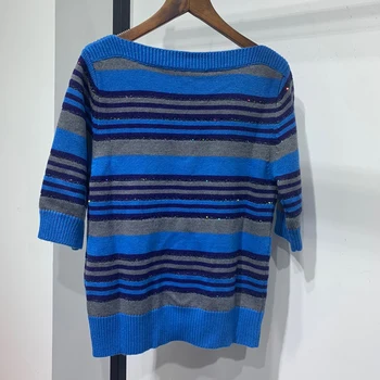 

Sequins Embroidered Women's Knitted Sweater Lady Half Sleeve Stripes Slash Neck Slim Knitwear Casual Pullover Top