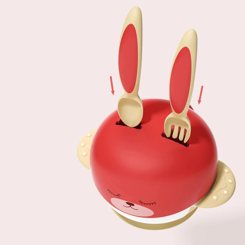 Sucker Bowl Bunny Sucker Baby Dish Spoon Fork Food Container Tableware For Baby Kids Training Dishes BPA Free