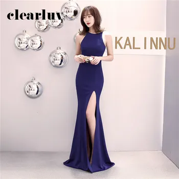 

Mermaid Evening Gowns Navy Blue O-Neck Long Party Dress DX404- Elegant Plus Size Women Prom Dress5 High Side Split Formal Dress