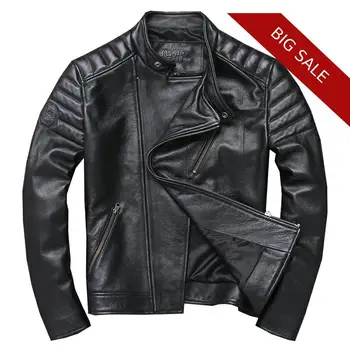 

2020 Black Men Slim Fit Biker's Leather Jacket Stand Collar Plus Size 5XL Genuine Cowhide Russian Autumn Slim Fit Leather Coat