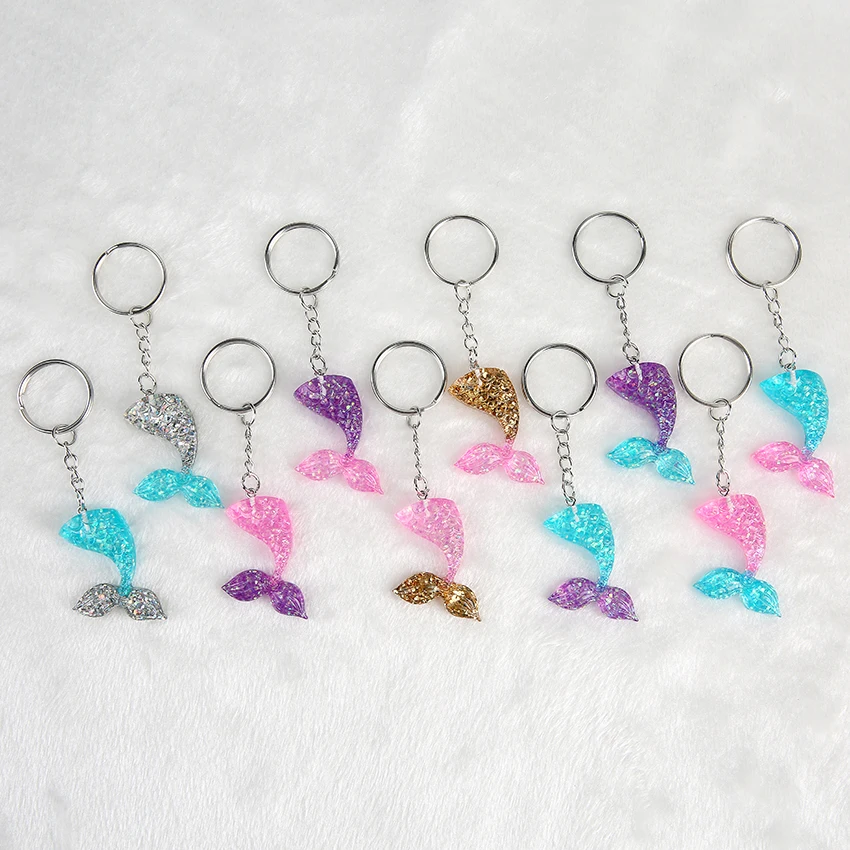 

1PC Multicolor Flatback resin Mermaid Tail Keychain Glitter Handbag Keyring charms for woman