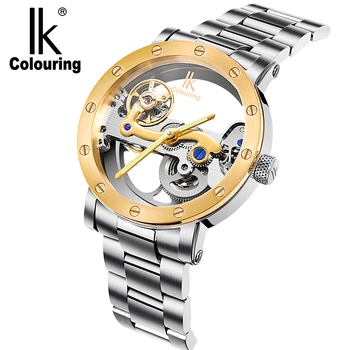 

IK Colouring Automatic Men Wristwatch Stainless Steel / Leather Skeleton Hollow Out Mechanical Watch for Male Boy Waterproof