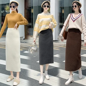 

Fashionable new product knitted split skirt women 2020 autumn and winter mid-length skirt is thin woolen bag hip long skirt