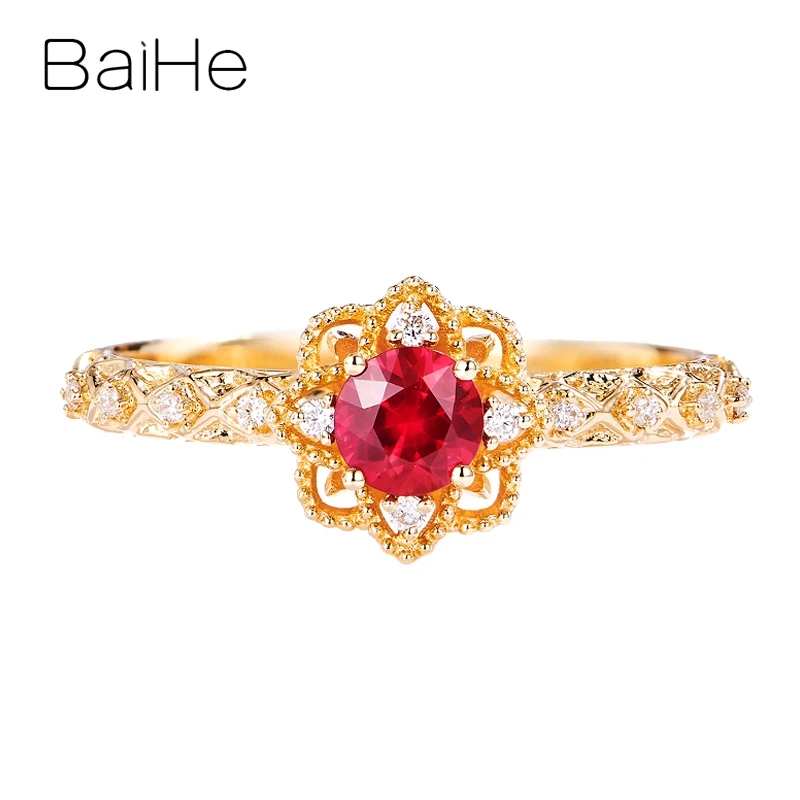 

BAIHE Solid 14K Yellow Gold Natural Ruby Diamond Flower Ring Women Wedding Fine Jewelry Making Anillo de flores bague fleur