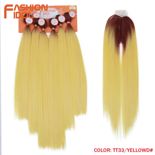 FASHION IDOL Yaki Straight Hair Bundles 7Pcs/Pack 16-20inch Ombre 613# Synthetic Hair Bundles With Closure Weave Hair Extension TT33-YELLOWD